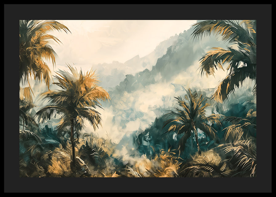 A poster of a foggy jungle with swaying palm trees and golden lights-12