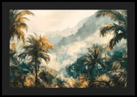 En poster av en dimhöljd djungel med vajande palmer och gyllene ljus-4