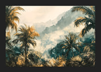 A poster of a foggy jungle with swaying palm trees and golden lights-5
