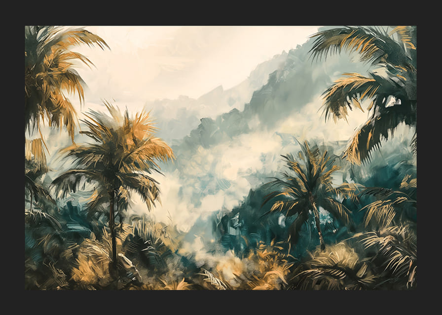 En poster av en dimhöljd djungel med vajande palmer och gyllene ljus-12