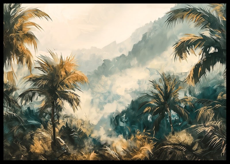 A poster of a foggy jungle with swaying palm trees and golden lights-12