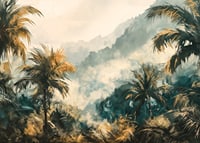 A poster of a foggy jungle with swaying palm trees and golden lights-7