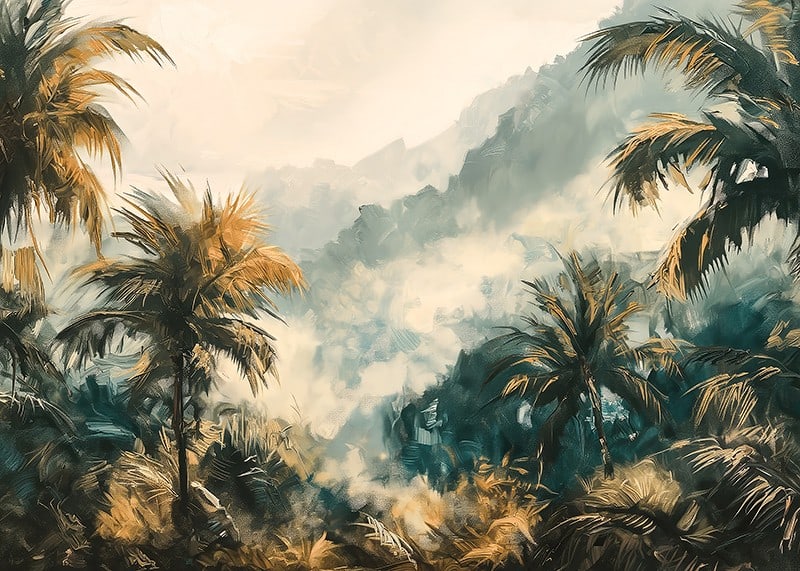 A poster of a foggy jungle with swaying palm trees and golden lights-12