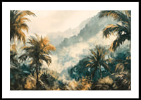 A poster of a foggy jungle with swaying palm trees and golden lights-0