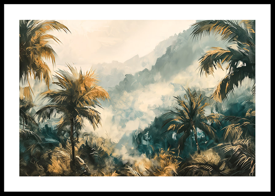 A poster of a foggy jungle with swaying palm trees and golden lights-12