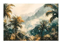 A poster of a foggy jungle with swaying palm trees and golden lights-1