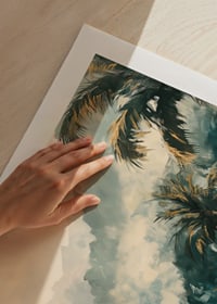 A poster of a foggy jungle with swaying palm trees and golden lights-9