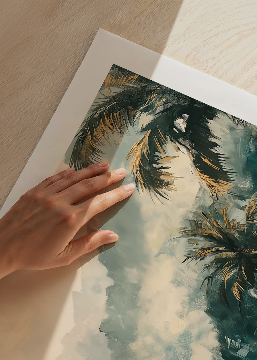 A poster of a foggy jungle with swaying palm trees and golden lights-12