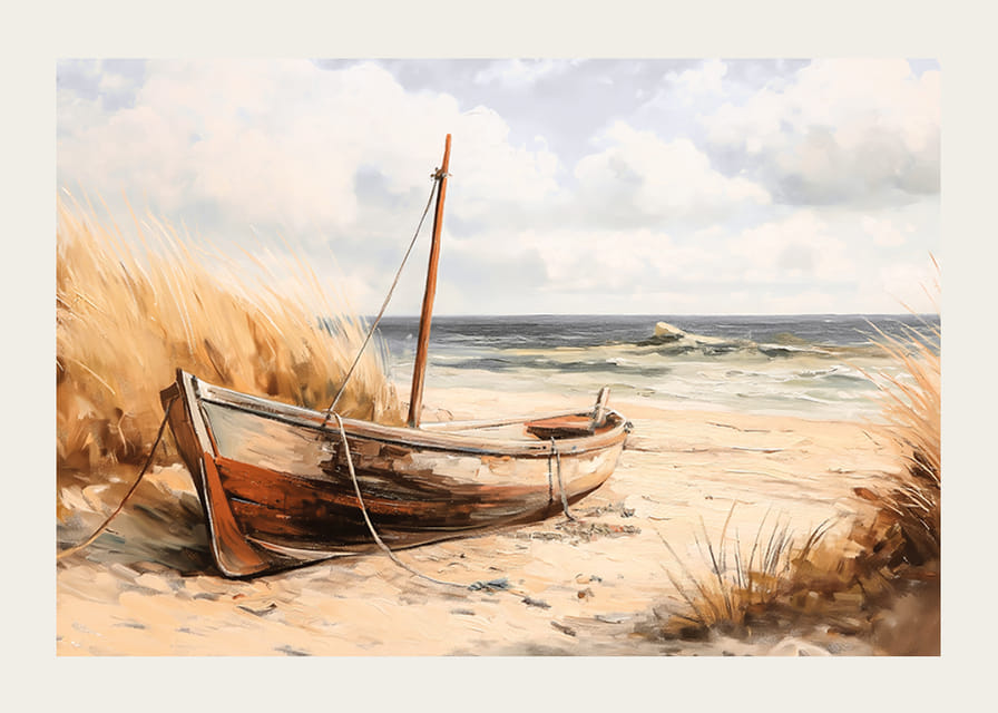 Plagát so starou drevenou loďou spočívajúcou na piesku pri mori-12