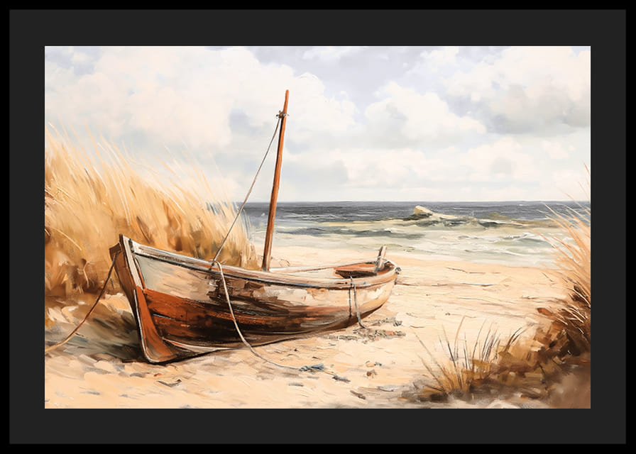 Plagát so starou drevenou loďou spočívajúcou na piesku pri mori-12