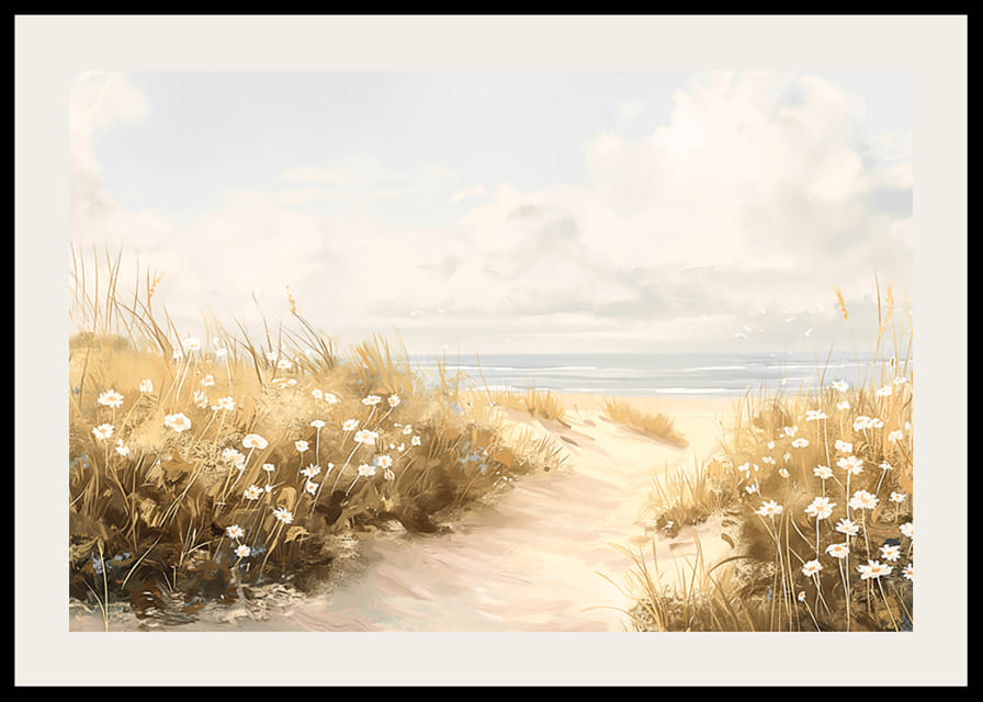 En poster med en sandstig som leder genom blomstrande dyner mot det glittrande havet-12