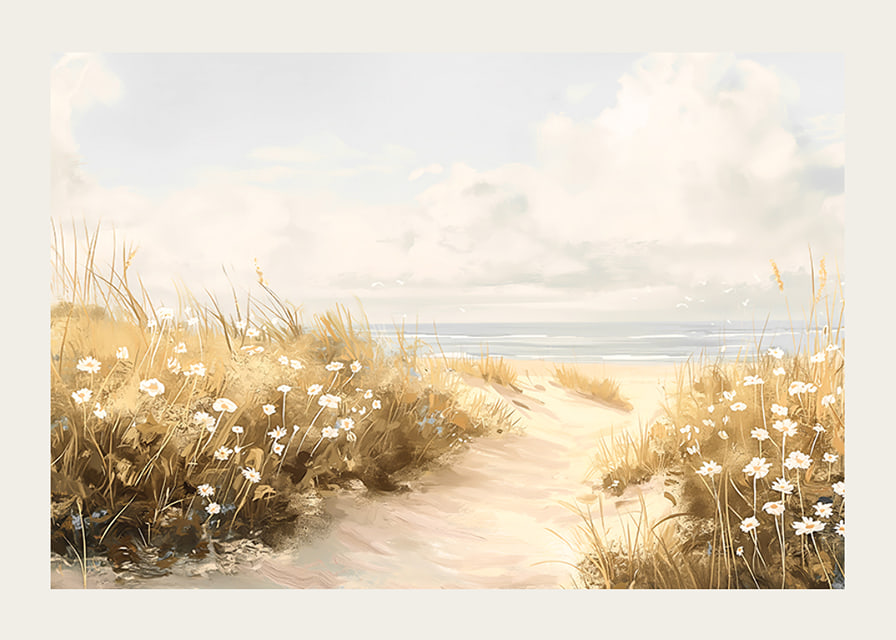 A poster of a sandy path leading through blooming dunes towards the sparkling sea-12