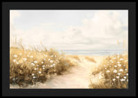 En poster med en sandstig som leder genom blomstrande dyner mot det glittrande havet-4