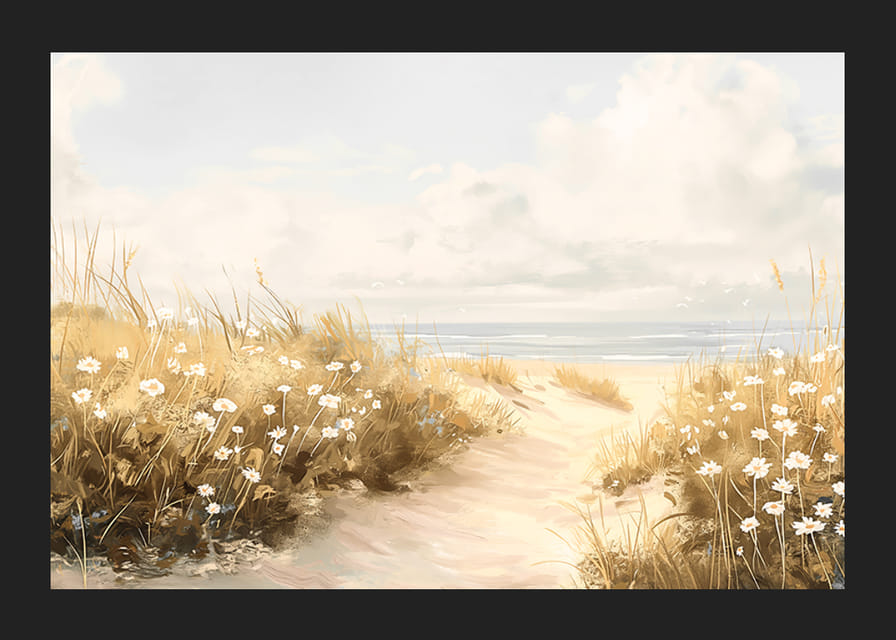 En poster med en sandstig som leder genom blomstrande dyner mot det glittrande havet-12