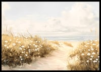 A poster of a sandy path leading through blooming dunes towards the sparkling sea-6