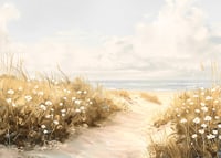 A poster of a sandy path leading through blooming dunes towards the sparkling sea-7