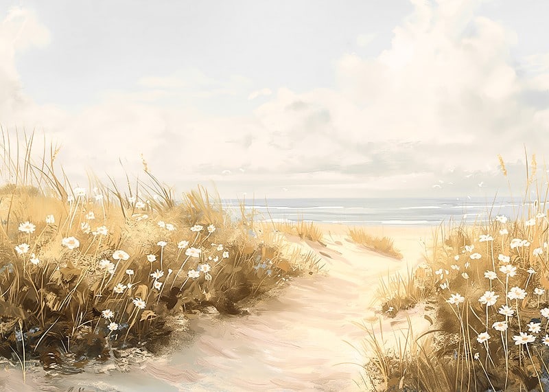 A poster of a sandy path leading through blooming dunes towards the sparkling sea-12