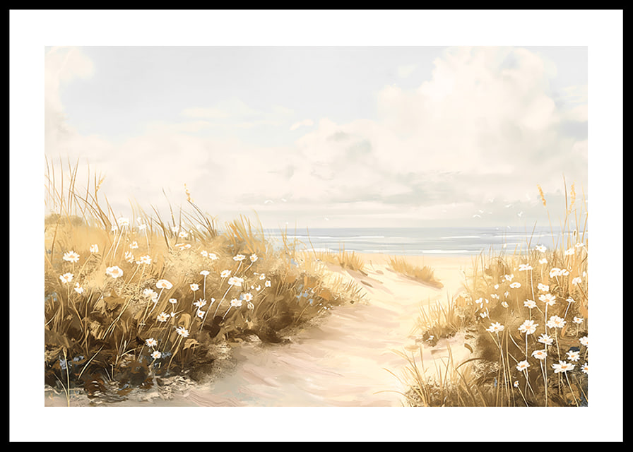 A poster of a sandy path leading through blooming dunes towards the sparkling sea-12