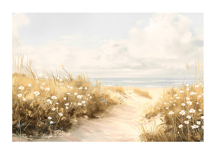 A poster of a sandy path leading through blooming dunes towards the sparkling sea-12