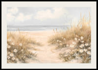 Plakāts ar smilšainu taku, kas cauri ziedošām kāpām ved uz Kluso okeānu-2