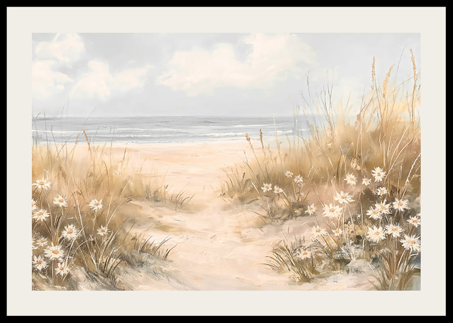 Plakāts ar smilšainu taku, kas cauri ziedošām kāpām ved uz Kluso okeānu-12