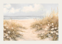 Plakāts ar smilšainu taku, kas cauri ziedošām kāpām ved uz Kluso okeānu-3