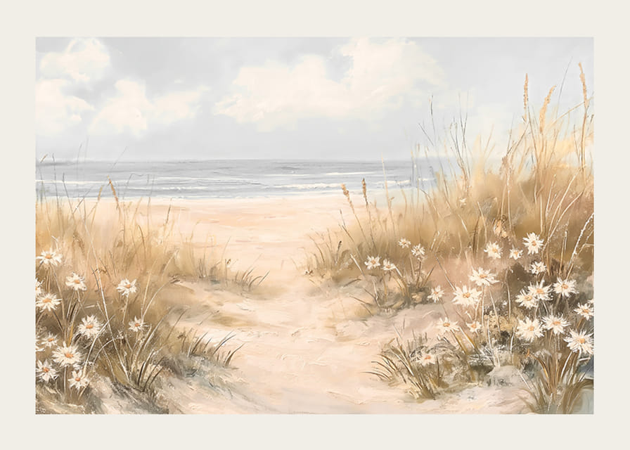 Plakāts ar smilšainu taku, kas cauri ziedošām kāpām ved uz Kluso okeānu-12