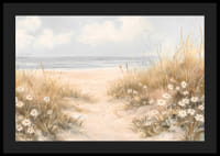 Plakāts ar smilšainu taku, kas cauri ziedošām kāpām ved uz Kluso okeānu-4