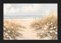 Plakāts ar smilšainu taku, kas cauri ziedošām kāpām ved uz Kluso okeānu-5