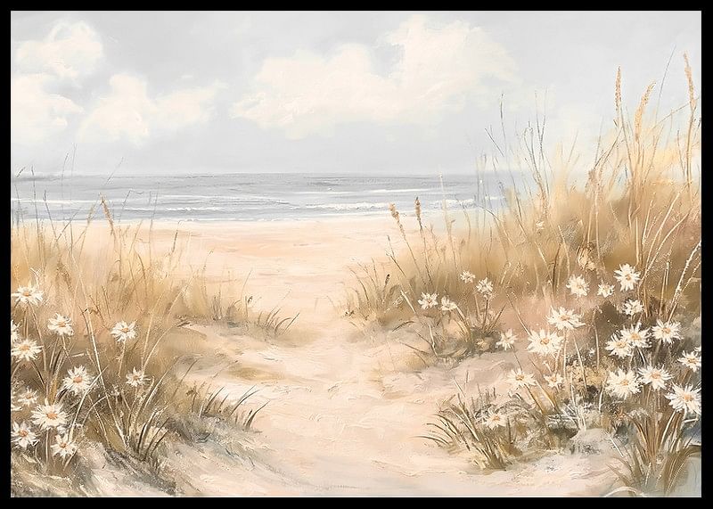 Un poster cu o potecă de nisip care duce prin dune înflorite până la Oceanul Pacific-12