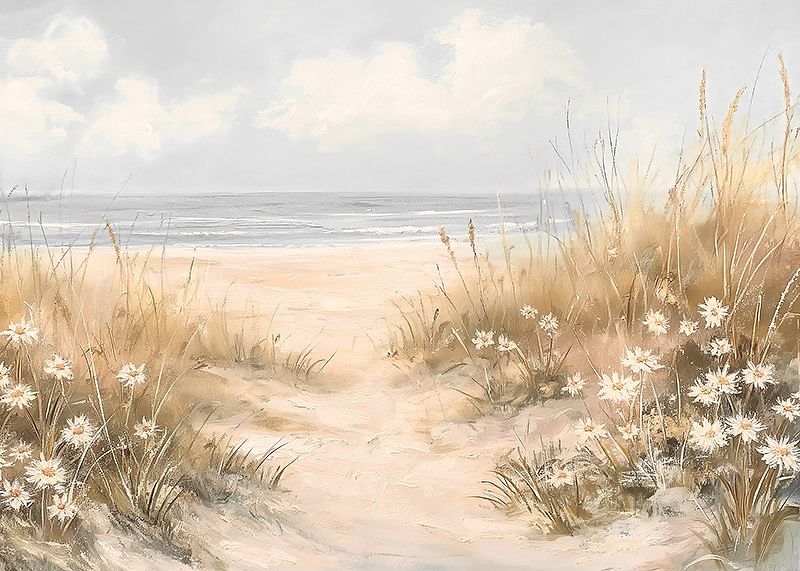 Un poster cu o potecă de nisip care duce prin dune înflorite până la Oceanul Pacific-12
