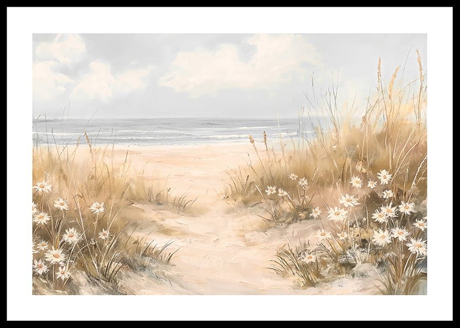 A poster of a sandy path leading through blooming dunes to the Pacific Ocean-12