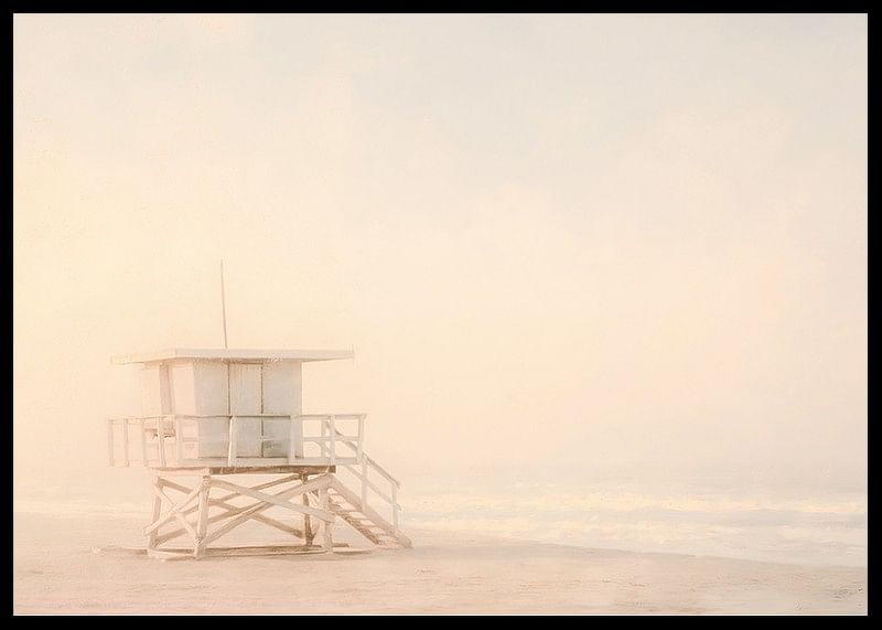 A poster of a lonely lifeguard tower wrapped in soft sea fog-12