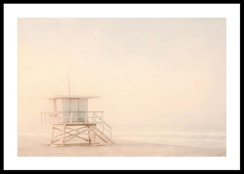 A poster of a lonely lifeguard tower wrapped in soft sea fog-12