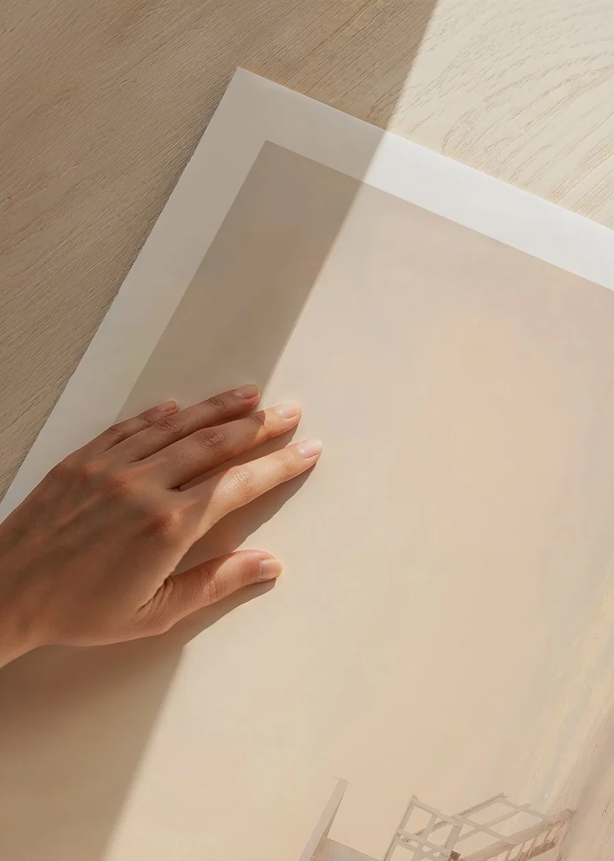 En poster med ett ensamt livräddartorn insvept i mjuk havsdimma-12