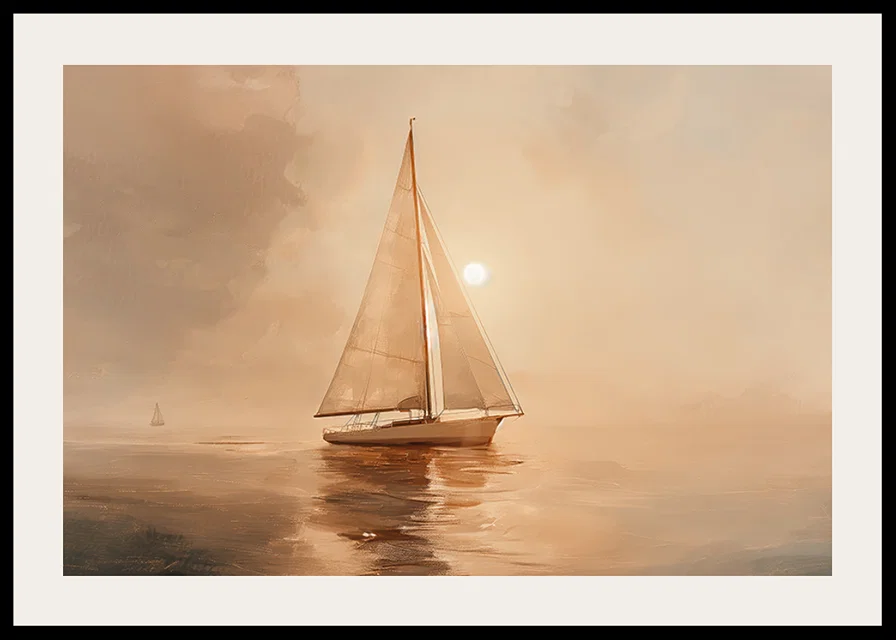 A poster of a sailboat gliding through the Pacific Ocean in golden morning light-12