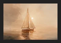 A poster of a sailboat gliding through the Pacific Ocean in golden morning light-5