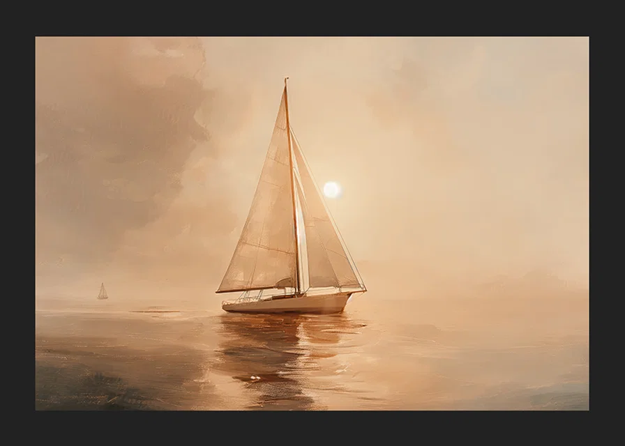 A poster of a sailboat gliding through the Pacific Ocean in golden morning light-12