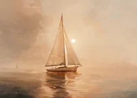 A poster of a sailboat gliding through the Pacific Ocean in golden morning light-7