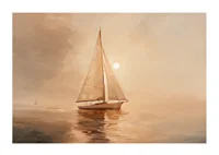 A poster of a sailboat gliding through the Pacific Ocean in golden morning light-1