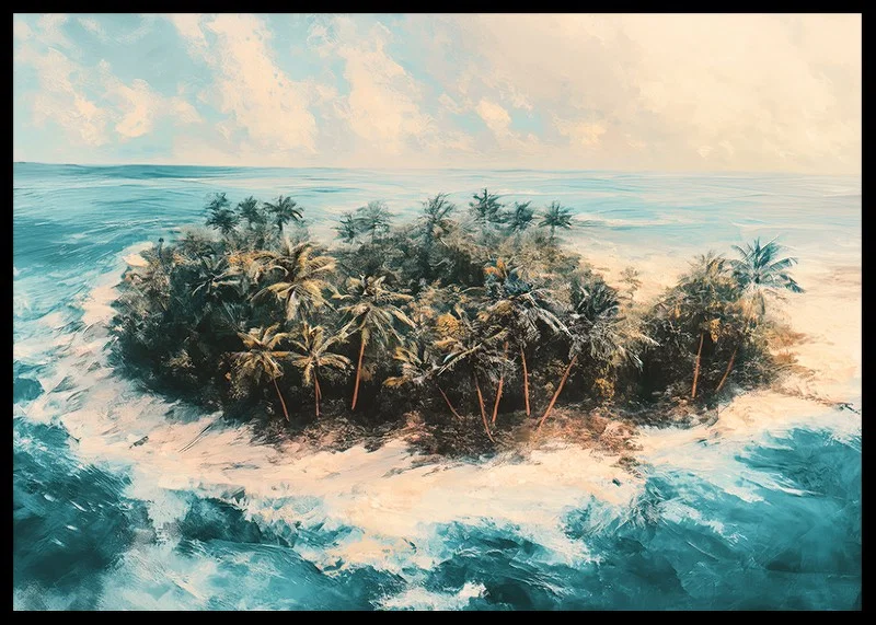 A poster of a remote tropical island, surrounded by crystal clear water and swaying palm trees-12