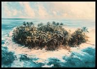 Un afiș cu o insulă tropicală îndepărtată, înconjurată de apă cristalină și palmieri legănători-2