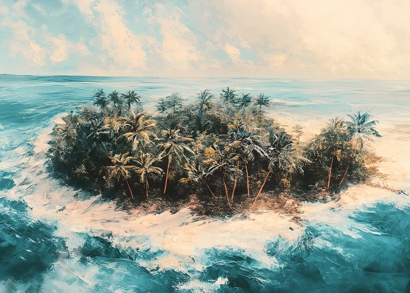 Un poster di un'isola tropicale remota, circondata da acque cristalline e palme ondeggianti-12