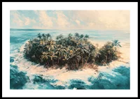 A poster of a remote tropical island, surrounded by crystal clear water and swaying palm trees-0