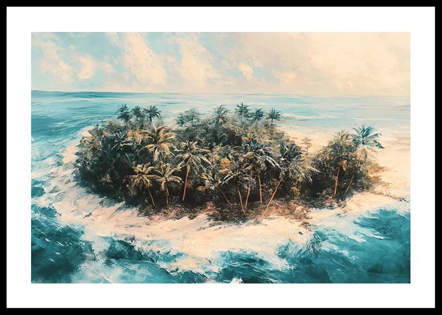 A poster of a remote tropical island, surrounded by crystal clear water and swaying palm trees-12