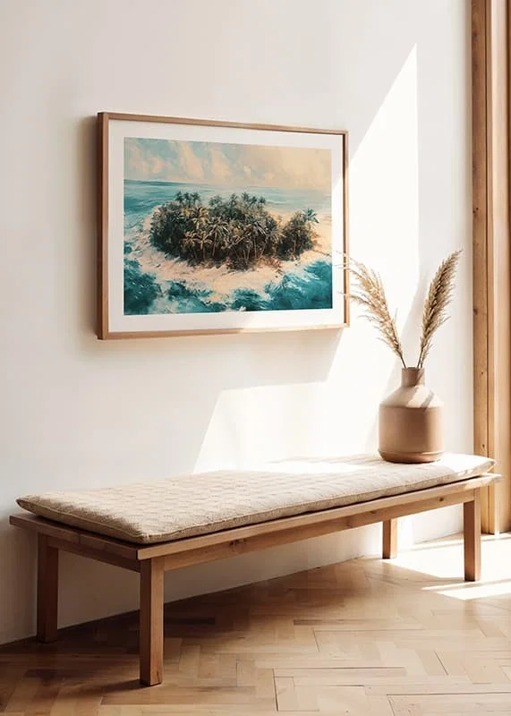A poster of a remote tropical island, surrounded by crystal clear water and swaying palm trees-12
