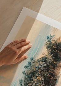Un poster di un'isola tropicale remota, circondata da acque cristalline e palme ondeggianti-9