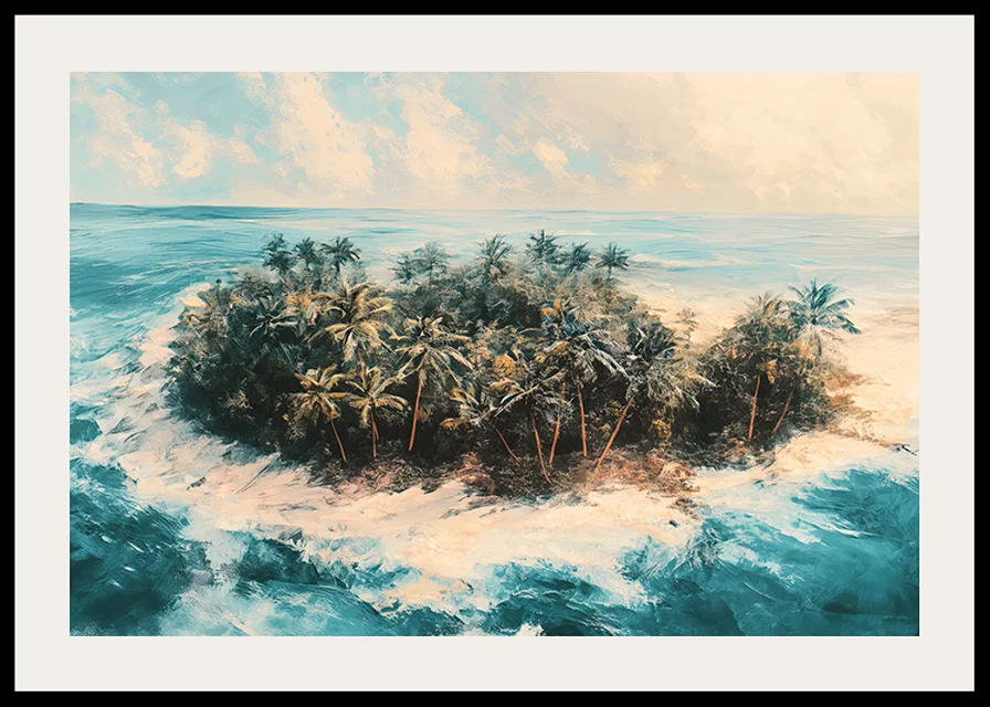 A poster of a remote tropical island, surrounded by crystal clear water and swaying palm trees-12