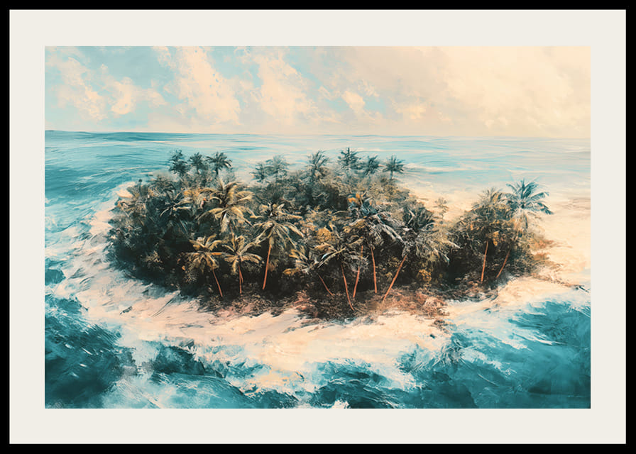 Juliste syrjäisestä trooppisesta saaresta, jota ympäröi kristallinkirkas vesi ja huojuvat palmut-12