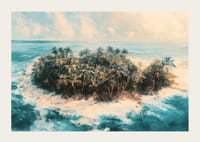 Juliste syrjäisestä trooppisesta saaresta, jota ympäröi kristallinkirkas vesi ja huojuvat palmut-3